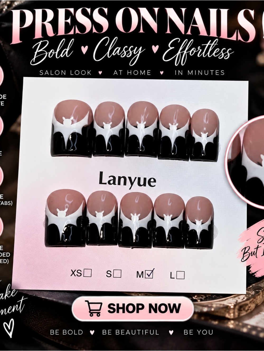 Halloween Black & Nude Press-On Nails - Elegant French Tip Set
